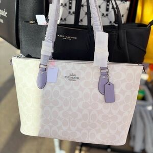 Coach Purple and White Tote Bag with Leather Trim and Monogram Design